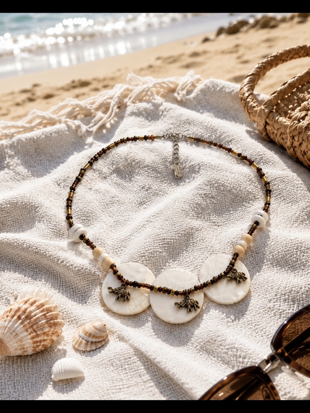 Ostrich Egg Shell Disc Beaded Necklace - Picture 3 of 5